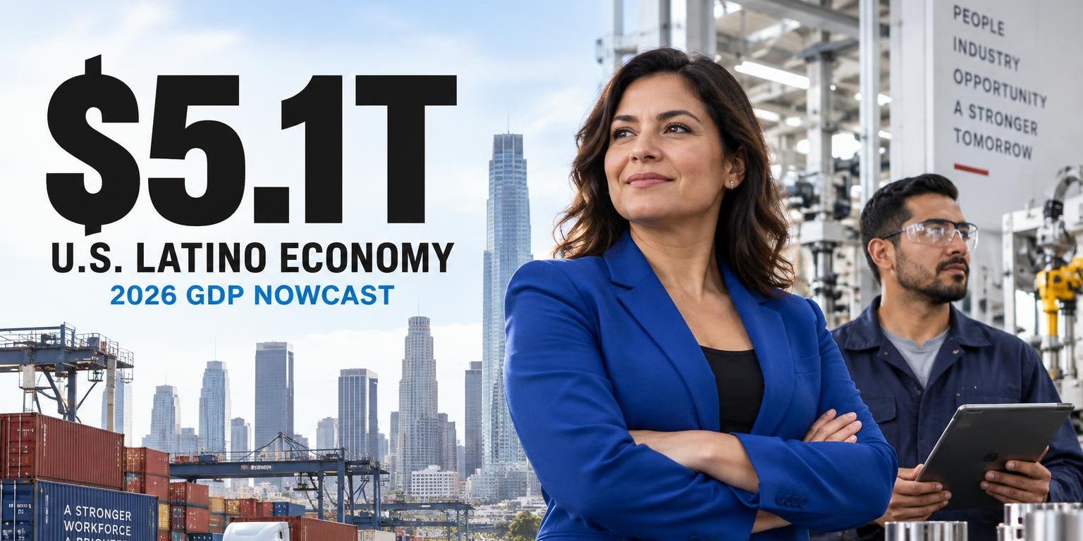 U.S. Latino economy: $5.1T 2026 GDP nowcast, illustrated by Latino business leaders, manufacturing, logistics and an American city skyline