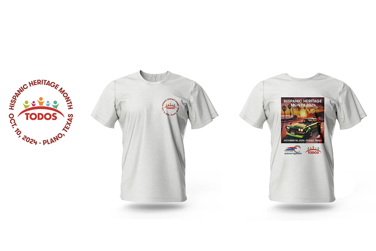 Custom t-shirt designed for Hispanic Heritage Month 2024, featuring the TODOS logo on the front and an artistic graphic of a vintage car on the back, along with event details.